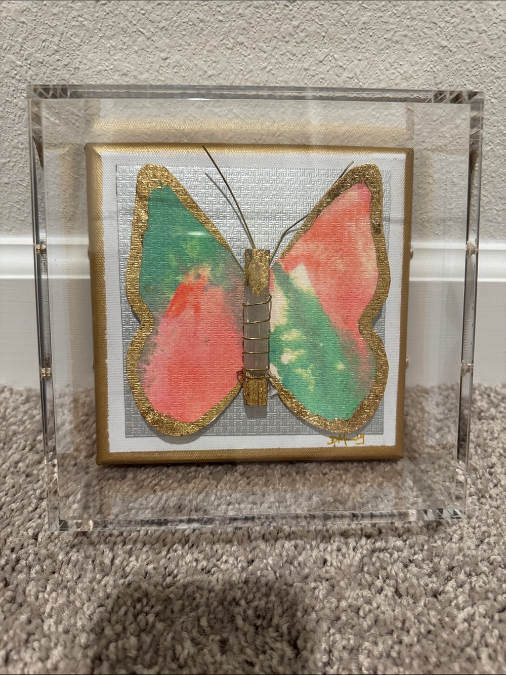 Gold-Trim Butterfly Canvas Art in Coral & Teal